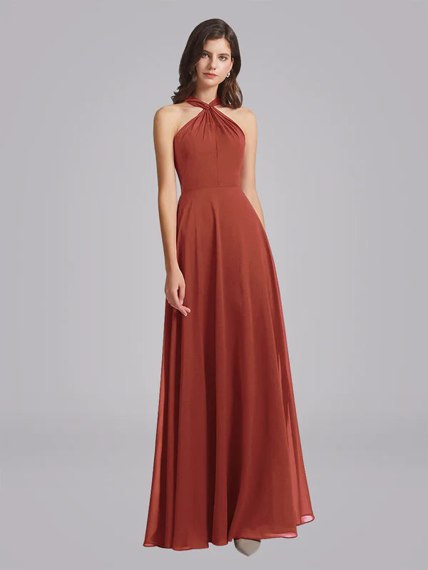 Halter Neckline Chiffon A Line Bridesmaid Dresses