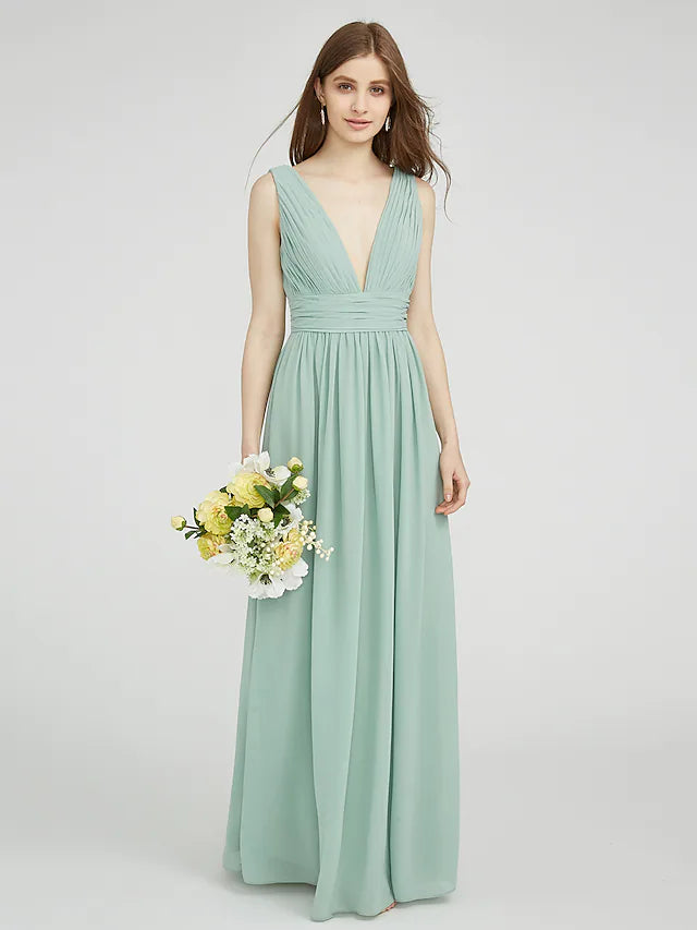 Bridesmaid Dress V Neck Sleeveless Elegant Floor Length Chiffon with Ruched  Side Draping