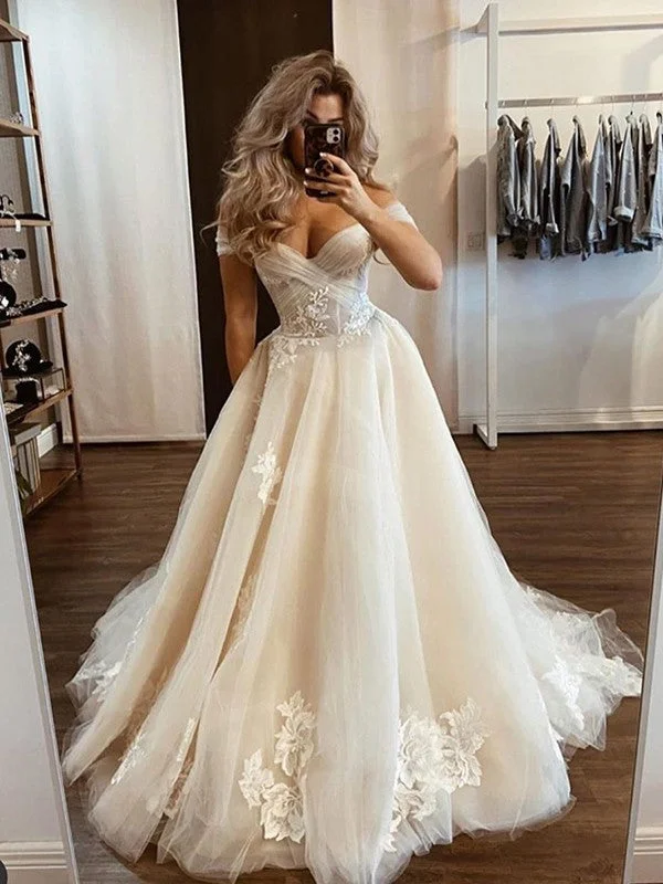 A-Line/Princess Tulle Off-the-Shoulder Applique Sleeveless Sweep/Brush Train Wedding Dresses