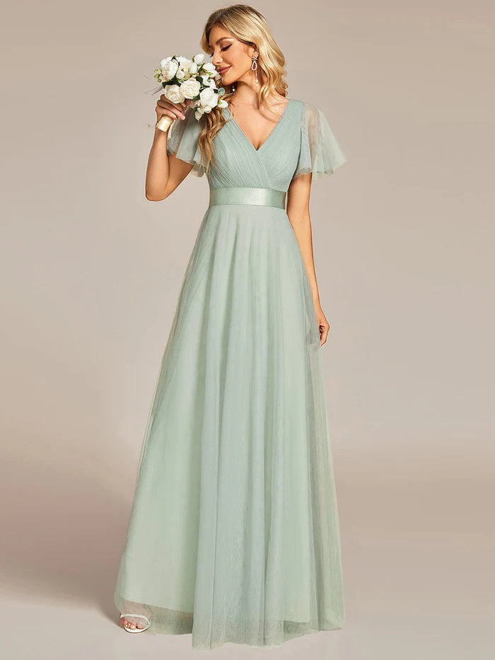 Double V-Neck Tulle Floor-Length Bridesmaid Dress