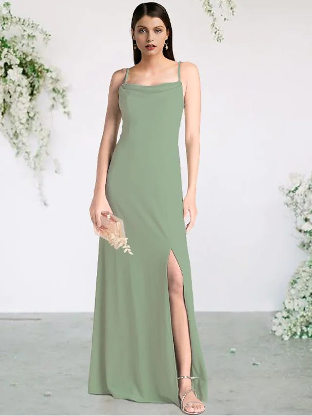 Bridesmaid Dress Spaghetti Strap Sleeveless Sexy Floor Length Chiffon with Split Front