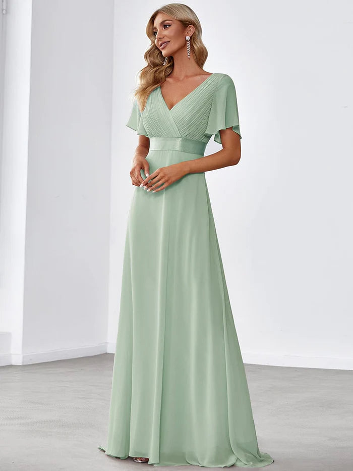 High Waist Short Sleeves Bridesmaid Dress