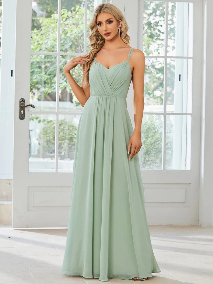 Chiffon and Lace Open Back Bridesmaid Dress with Spaghetti Straps