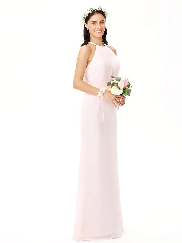 Bridesmaid Dress Jewel Neck Sleeveless Elegant Floor Length Chiffon with Pleats