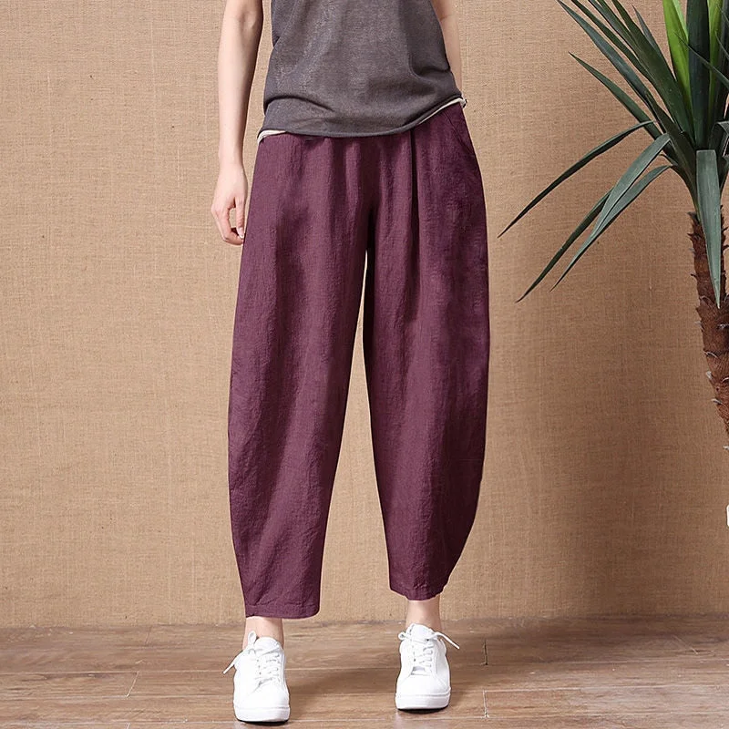 Amy Fashion - Elastic Waist Vintage Lady Loose Casual Pants