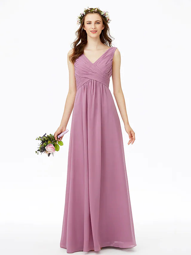 Bridesmaid Dress V Neck Sleeveless Open Back Floor Length Chiffon with Criss Cross  Pleats