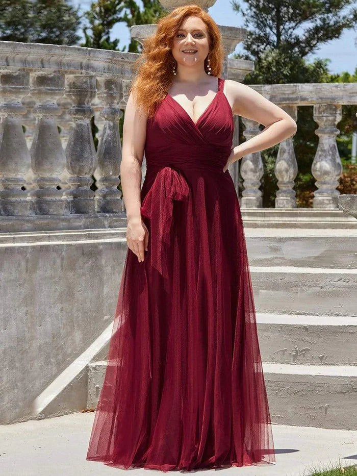 Plus Size Double V Neck Maxi Tulle Bridesmaid Dress