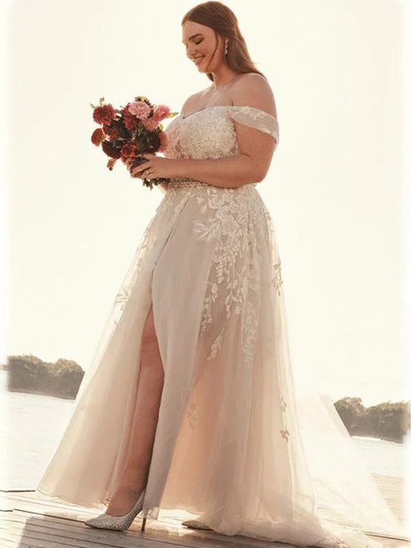 A-Line/Princess Tulle Off-the-Shoulder Applique Sleeveless Sweep/Brush Train Wedding Dresses