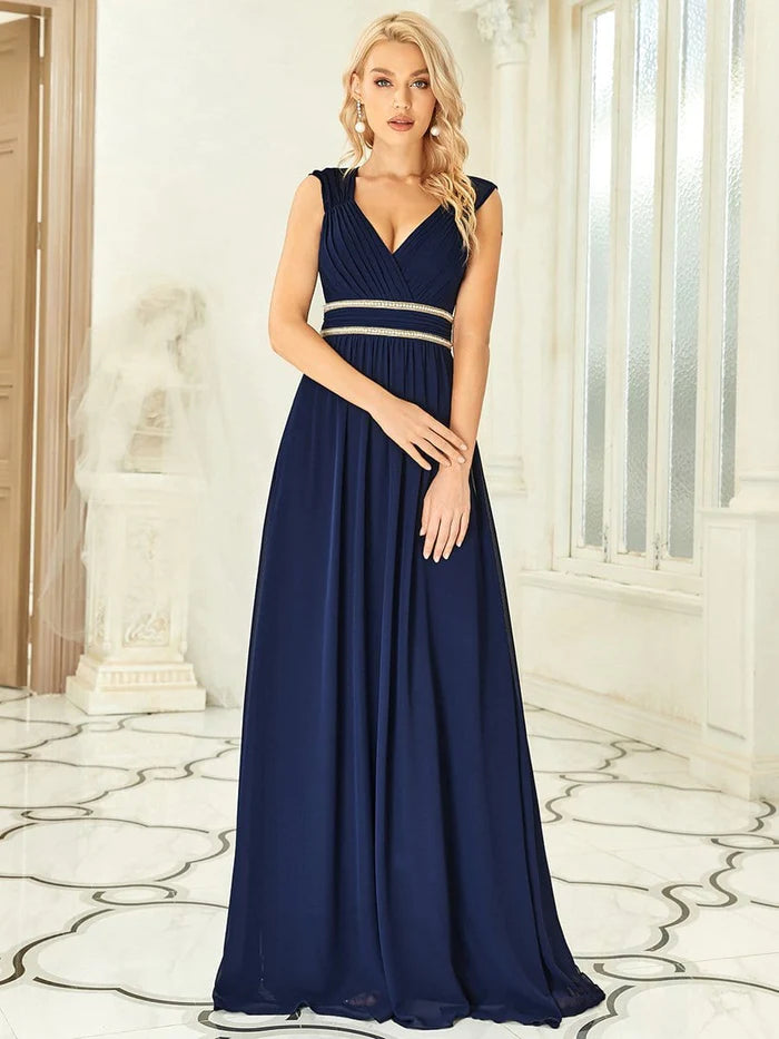 Ruched V-neck Floor Length Elegant Bridesmaid Dress