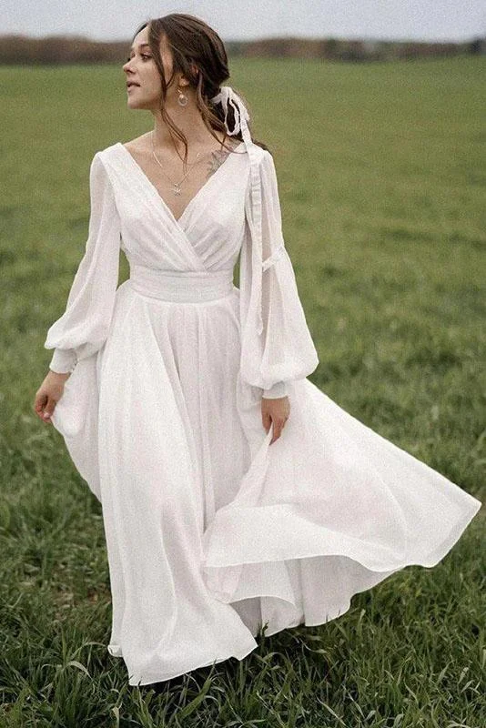 Chiffon Beach Wedding Dresses Puff Sleeve Vintage Bride Dresses V Neck Boho Wedding Gowns