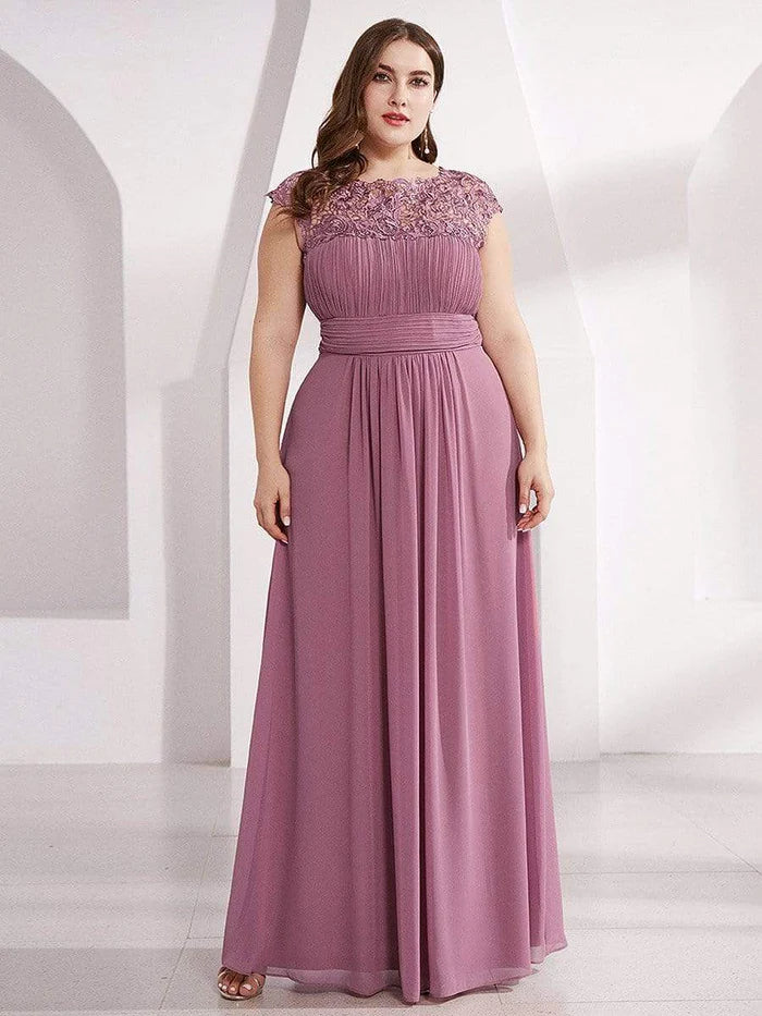 Plus Size Elegant Maxi Long Lace Cap Sleeve Bridesmaid Dress