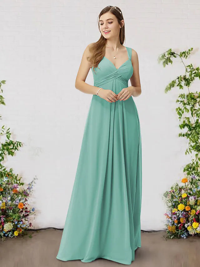 A-Line Bridesmaid Dress V Neck Sleeveless Elegant Floor Length Chiffon with Pleats