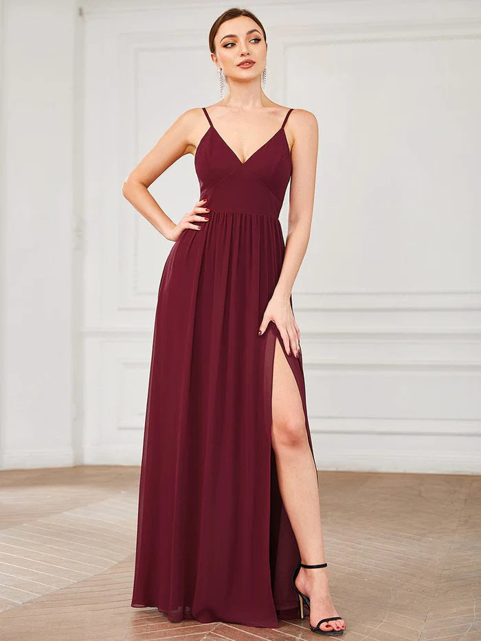 Spaghetti Strap V-Neck Pleated Floor Length Bridesmaid Dress