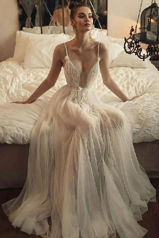 Beaded Tulle Skirt Spaghetti Straps Long Wedding Gown Beach A line Illusion Women Bride Dress