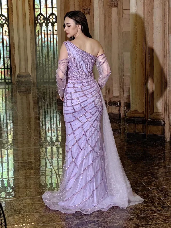 Long Couture Long Sleeve Hand Beaded Formal Dress Lilac