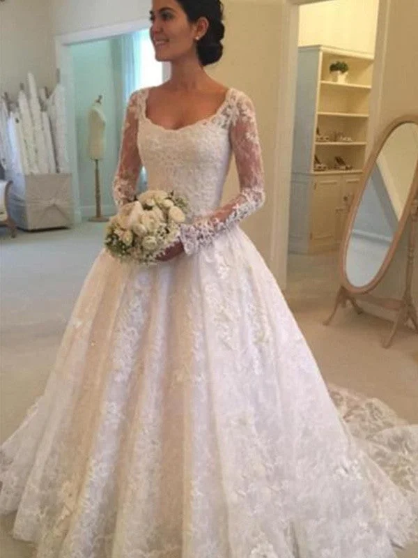 Ball Gown Long Sleeves Scoop Cathedral Train Ruffles Lace Wedding Dresses