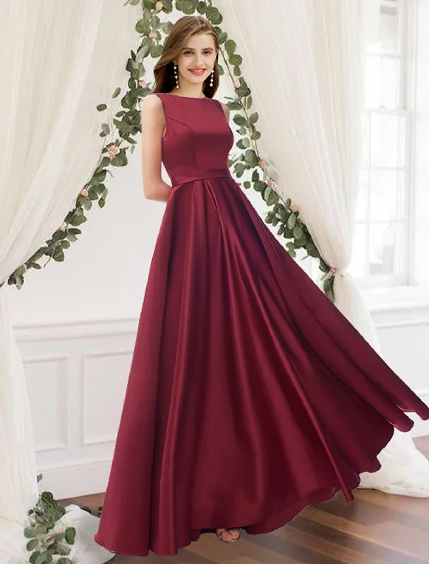 A-Line Bridesmaid Dress Jewel Neck Sleeveless Elegant Floor Length Charmeuse with Pleats