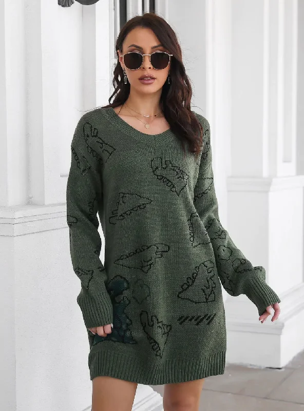 TastyHottie - DINOSAUR JACQUARD V-NECK LONG SLEEVE SWEATER DRESS