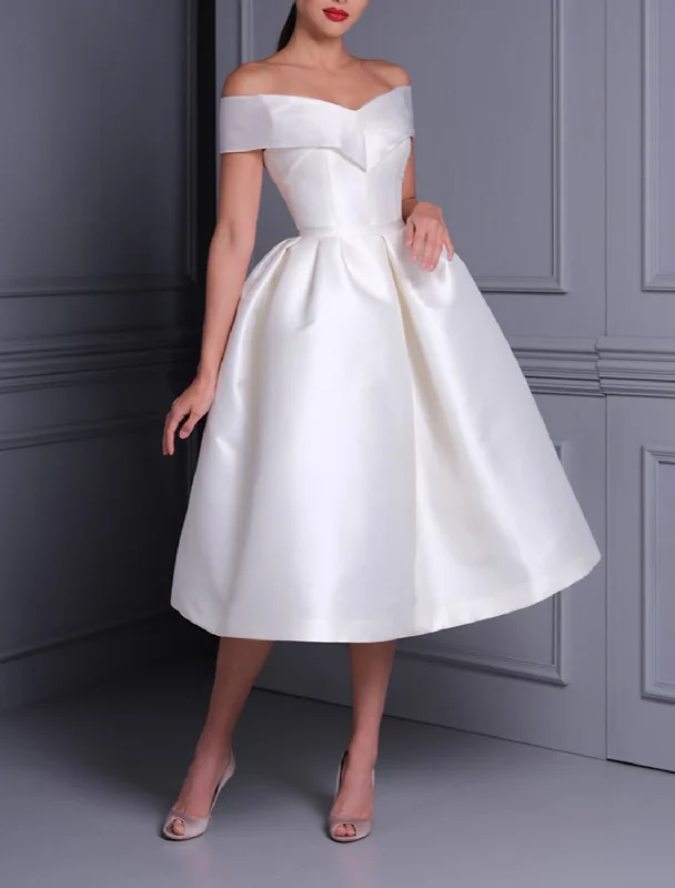 Bridal Shower Little White Dresses Casual Wedding Dresses A-Line Off Shoulder Cap Sleeve Tea Length Satin Bridal Gowns With Solid Color