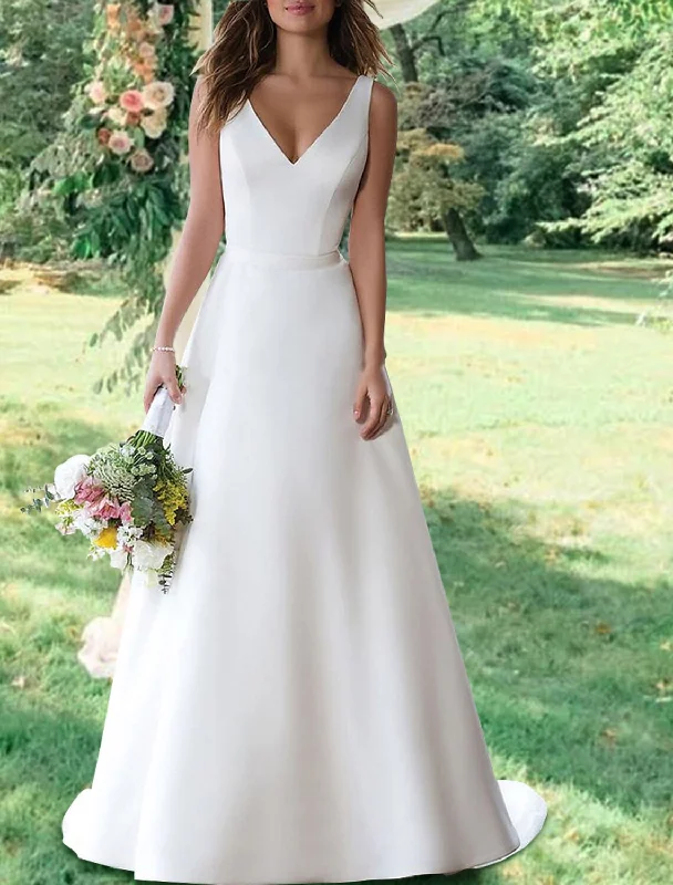 Hall Open Back Casual Wedding Dresses A-Line V Neck Sleeveless Sweep / Brush Train Satin Bridal Gowns With Appliques