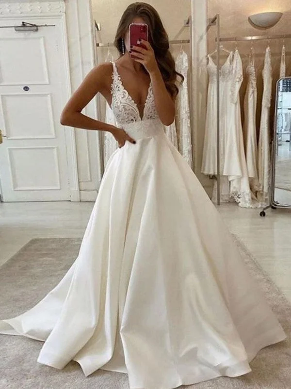 A-Line/Princess Satin Lace V-neck Sleeveless Sweep/Brush Train Wedding Dresses