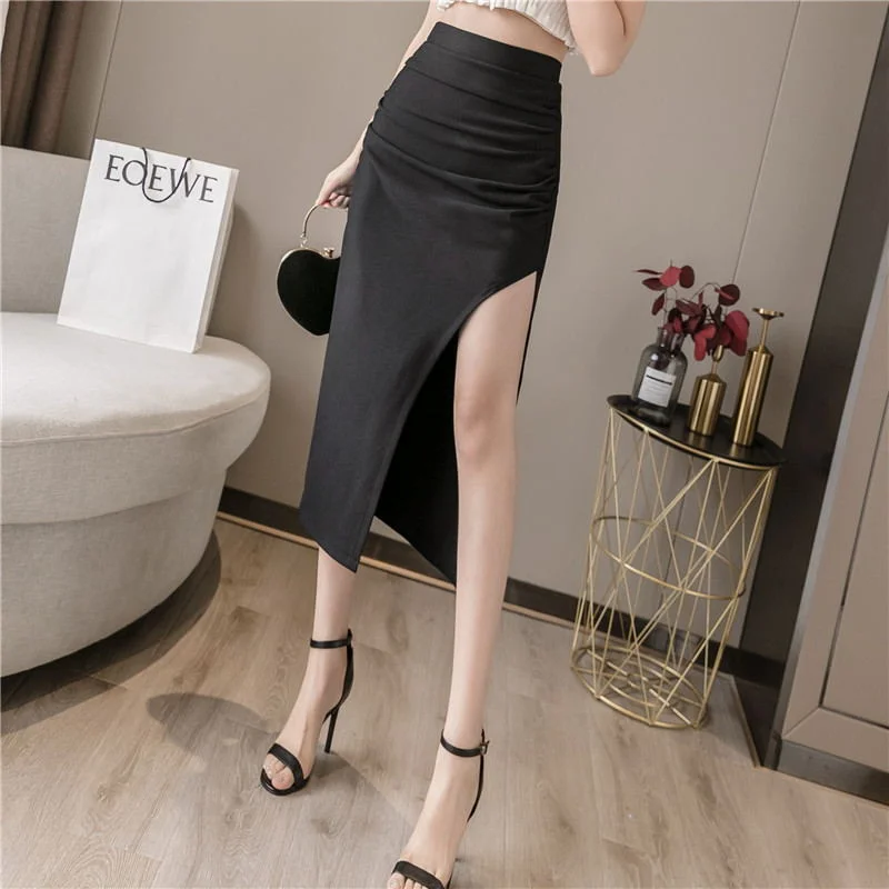 Amy Fashion - High Waist Black Slit Skirts