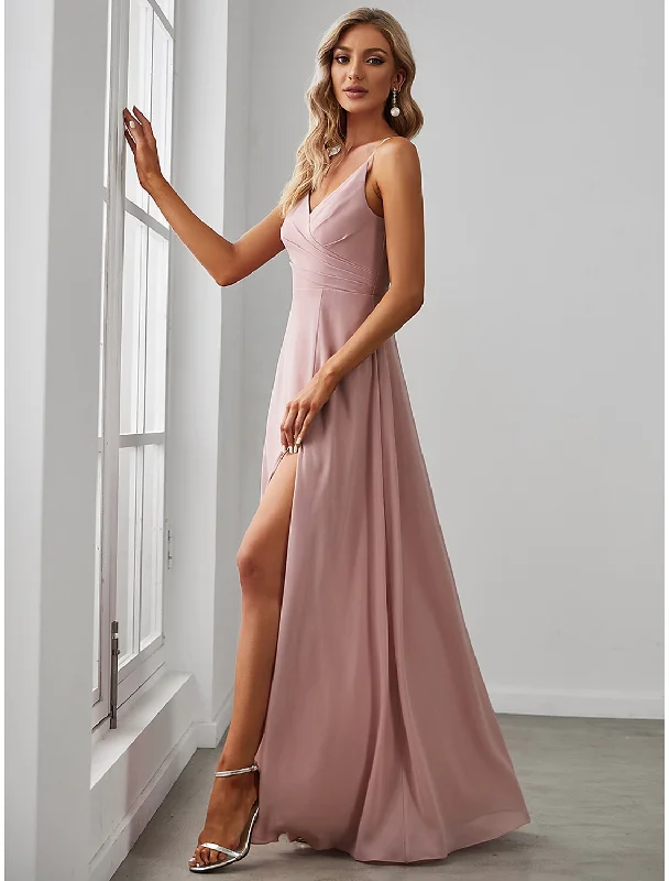 A-Line Bridesmaid Dress V Neck Sleeveless Elegant Floor Length Chiffon with Draping / Solid Color