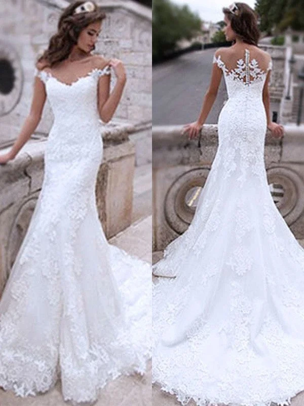 Trumpet/Mermaid Tulle Applique Off-the-Shoulder Sleeveless Sweep/Brush Train Wedding Dresses