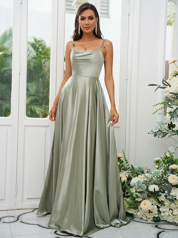 A-Line/Princess Silk like Satin Ruffles Spaghetti Straps Sleeveless Sweep/Brush Train Bridesmaid Dresses