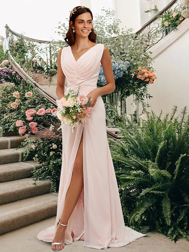 Bridesmaid Dress V Neck Sleeveless Elegant Floor Length Chiffon with Split Front   Ruching