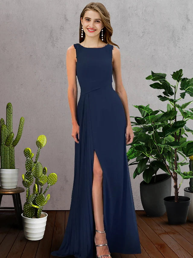 Bridesmaid Dress Jewel Neck Sleeveless Elegant Floor Length Chiffon with Pleats  Split Front