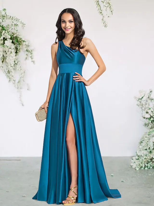 A-Line Bridesmaid Dress One Shoulder Sleeveless  Brush Train  Charmeuse with  Pleats  Split  Front