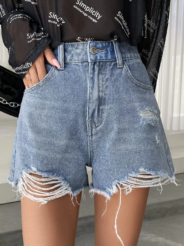 Amy Fashion - High Waist Ripped Raw Trim Denim Shorts