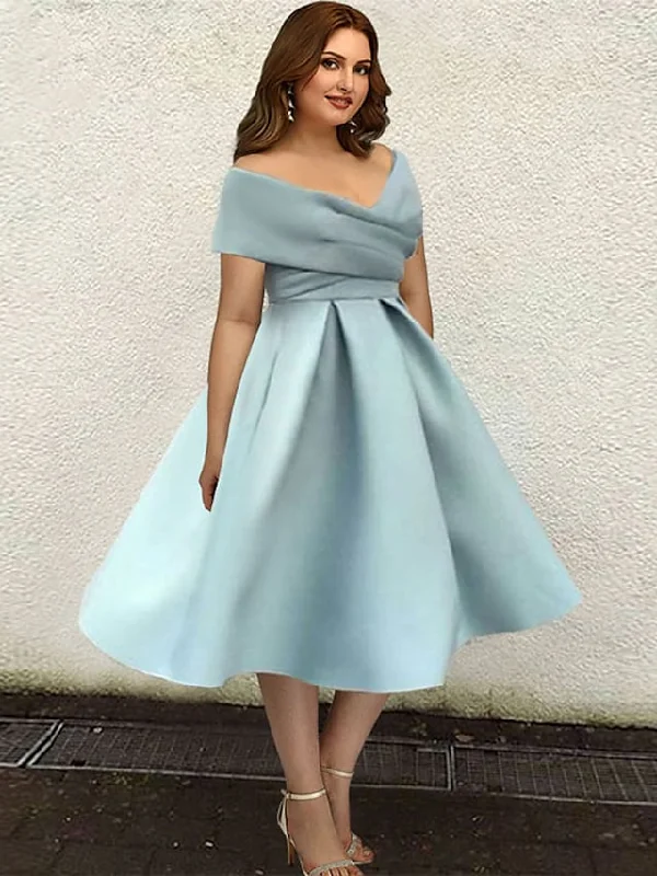 Dresses Plus Size Dress Wedding Guest Tea Length Short Sleeve V Neck Satin with Sleek Pleats