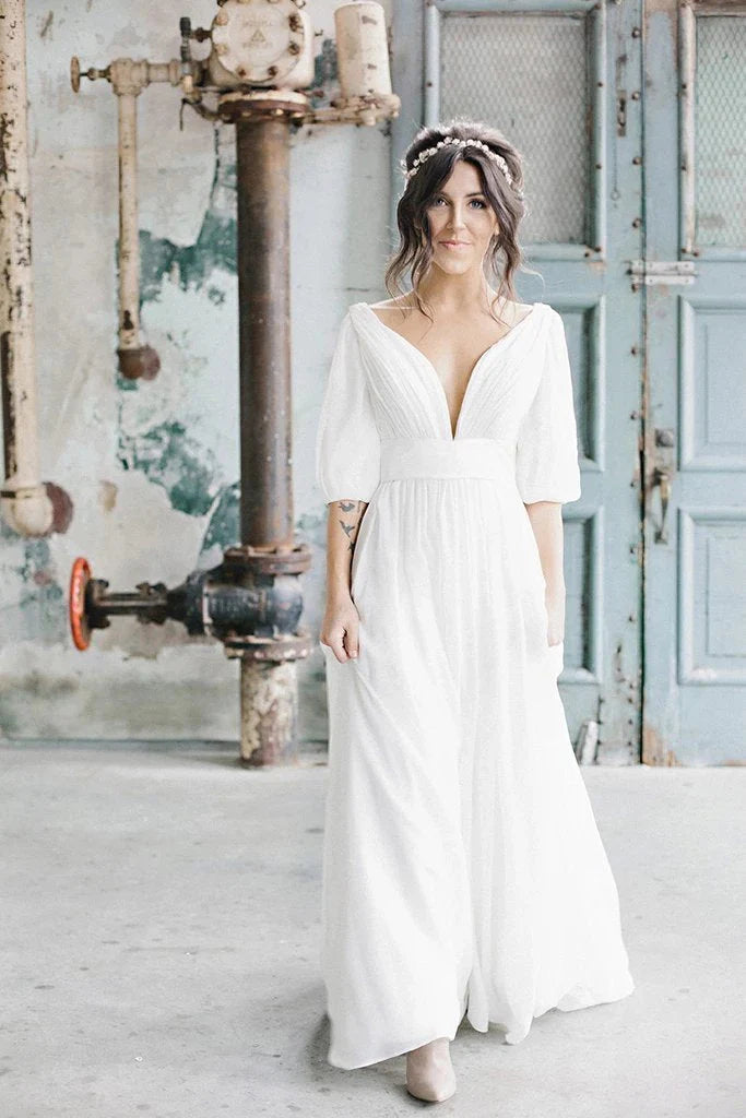 A Line Ivory Chiffon V neck Wedding Dresses, Half Sleeves Long Wedding Gowns