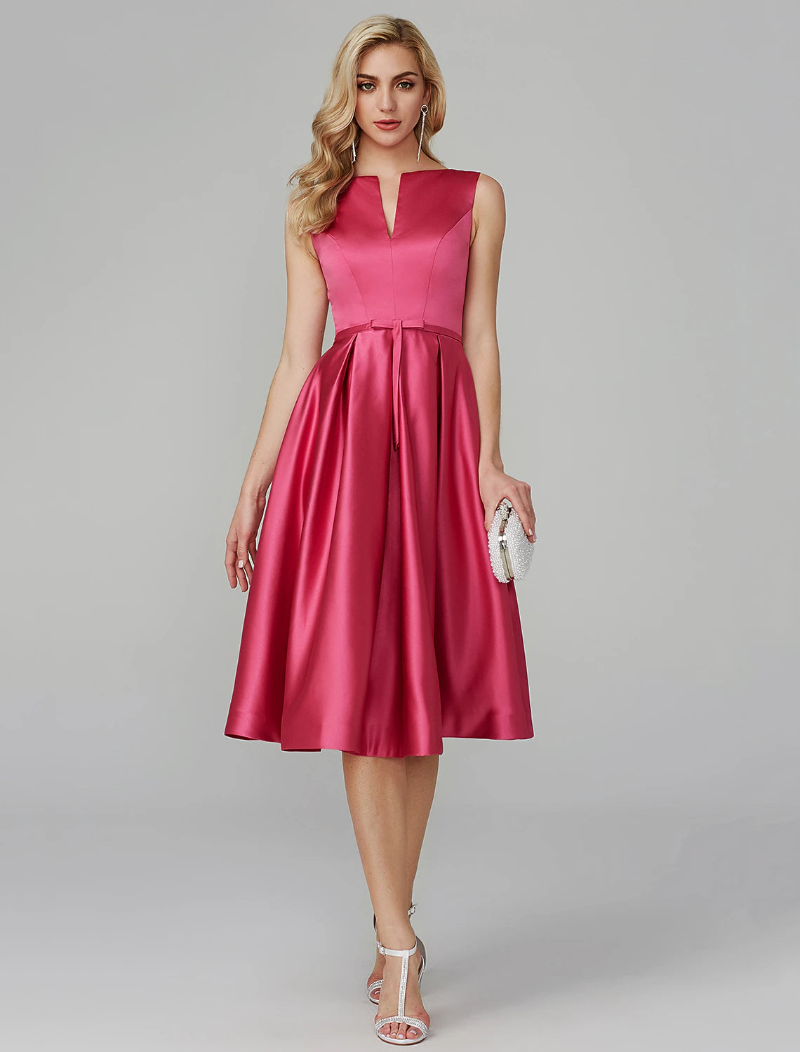 A-Line Elegant Dress Valentine's Day Wedding Guest Knee Length Sleeveless V Wire Pink Dress Satin with Sash / Ribbon