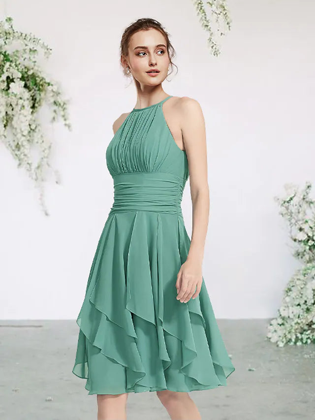 Bridesmaid Dress Jewel Neck Sleeveless Elegant Short  Mini Chiffon with Pleats  Cascading Ruffles