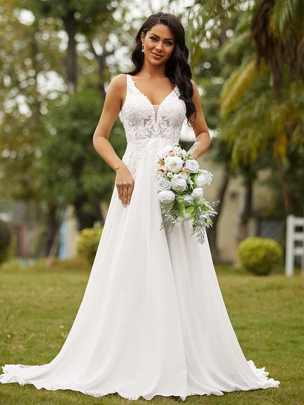 A-Line/Princess Chiffon Lace V-neck Sleeveless Court Train Wedding Dresses