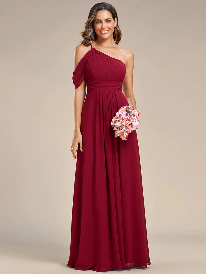 One-Shoulder Backless Asymmetric Pleated Chiffon Bridesmaid Dress