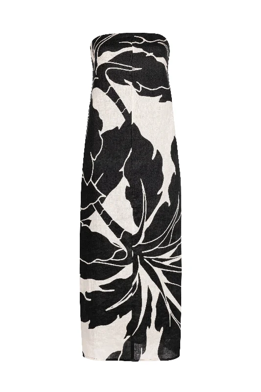 'Bonita' Strapless Linen Dress - Black Print