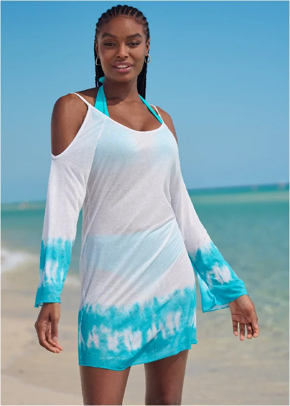 Cold Shoulder Cover-Up - Aqua & White