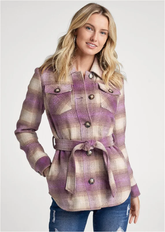 Plaid Shacket With Belt - Purple Multi