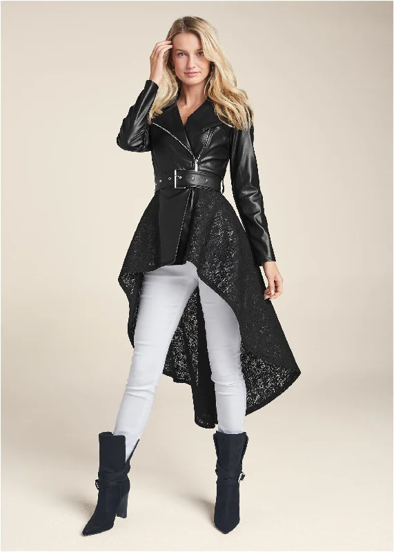 Faux Leather And Lace Detail Trench Coat - Black