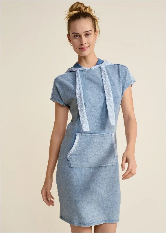 Stone Wash Hooded Dress - Blue & White