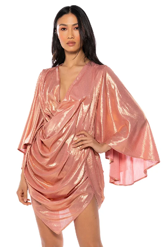 FANTASY DRAPED METALLIC MINI DRESS IN PINK