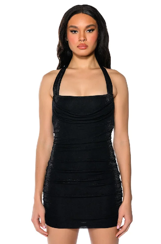 RUCHED HALTER MINI DRESS