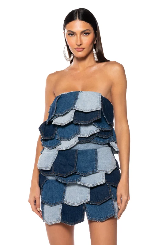 ISLA DENIM PATCHWORK STRAPLESS MINI DRESS