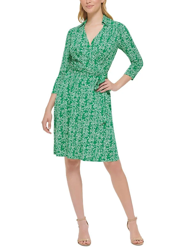 Petites Womens Printed Mini Wrap Dress