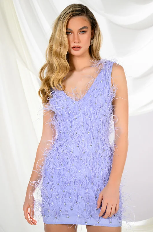 RENDEZVOUS SLEEVELESS FEATHER MINI DRESS