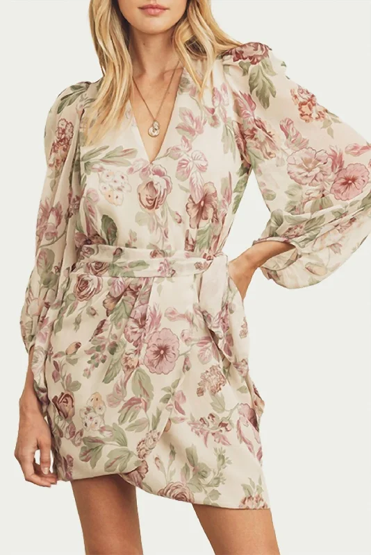 Wrap-Effect Floral-Print Georgette Mini Dress In Cream/Lavender